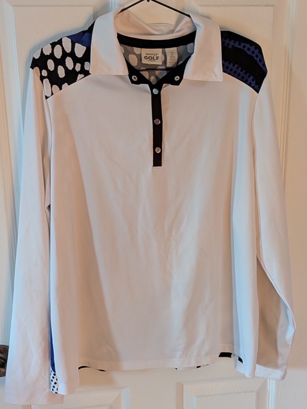 Fall Is Coming.. Golf White Long-Sleeve Polo with Black & Blue Shoulder Accents